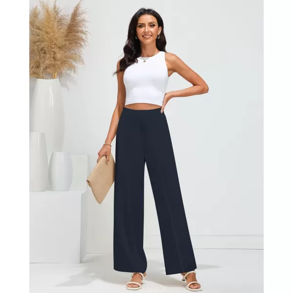 GRAPENT Wide Leg Dress Pants Women High Waisted Pull On Business Casual Work Pants Elastic Waist Dressy Trousers PocketsDark Blue