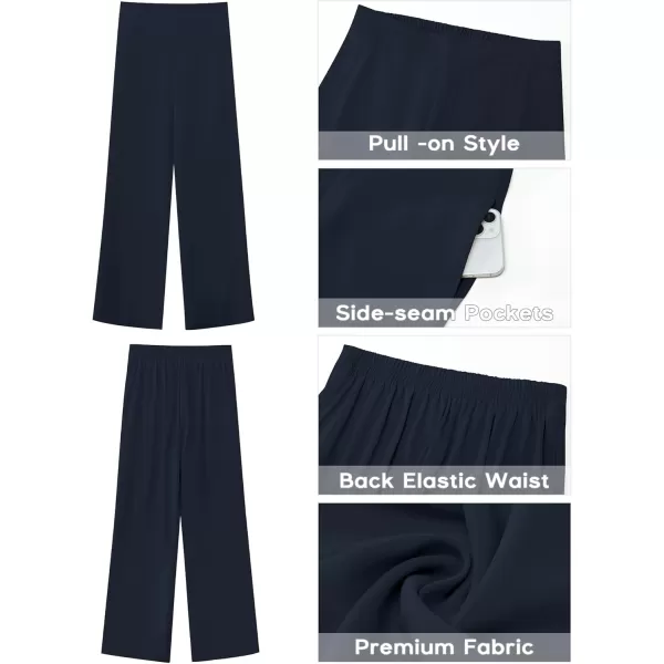 GRAPENT Wide Leg Dress Pants Women High Waisted Pull On Business Casual Work Pants Elastic Waist Dressy Trousers PocketsDark Blue