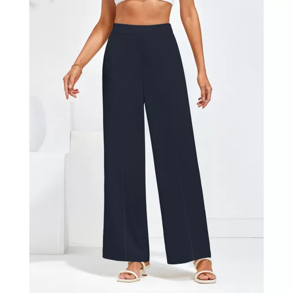 GRAPENT Wide Leg Dress Pants Women High Waisted Pull On Business Casual Work Pants Elastic Waist Dressy Trousers PocketsDark Blue