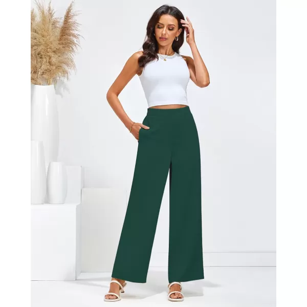 GRAPENT Wide Leg Dress Pants Women High Waisted Pull On Business Casual Work Pants Elastic Waist Dressy Trousers PocketsDark Green