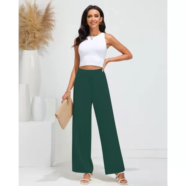GRAPENT Wide Leg Dress Pants Women High Waisted Pull On Business Casual Work Pants Elastic Waist Dressy Trousers PocketsDark Green
