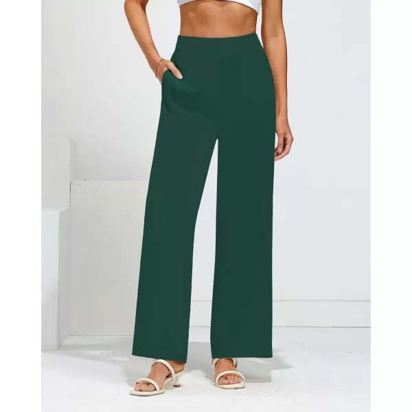 GRAPENT Wide Leg Dress Pants Women High Waisted Pull On Business Casual Work Pants Elastic Waist Dressy Trousers PocketsDark Green
