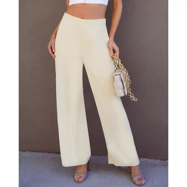 GRAPENT Wide Leg Dress Pants Women High Waisted Pull On Business Casual Work Pants Elastic Waist Dressy Trousers PocketsLight Beige
