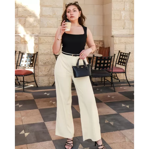 GRAPENT Wide Leg Dress Pants Women High Waisted Pull On Business Casual Work Pants Elastic Waist Dressy Trousers PocketsLight Beige