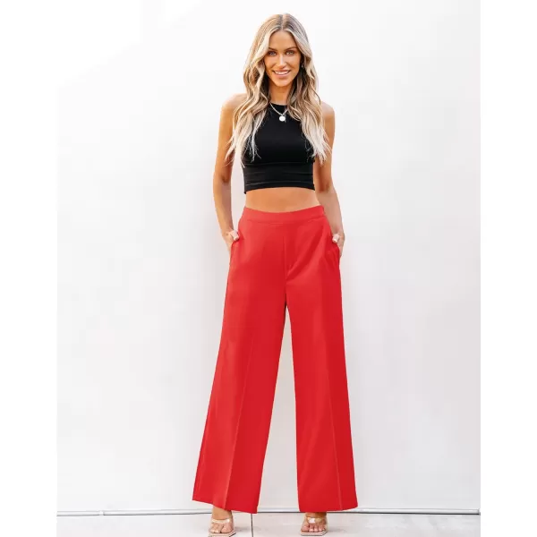 GRAPENT Wide Leg Dress Pants Women High Waisted Pull On Business Casual Work Pants Elastic Waist Dressy Trousers PocketsRed