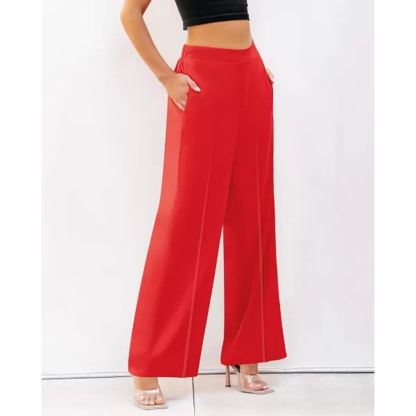 GRAPENT Wide Leg Dress Pants Women High Waisted Pull On Business Casual Work Pants Elastic Waist Dressy Trousers PocketsRed