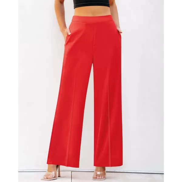 GRAPENT Wide Leg Dress Pants Women High Waisted Pull On Business Casual Work Pants Elastic Waist Dressy Trousers PocketsRed