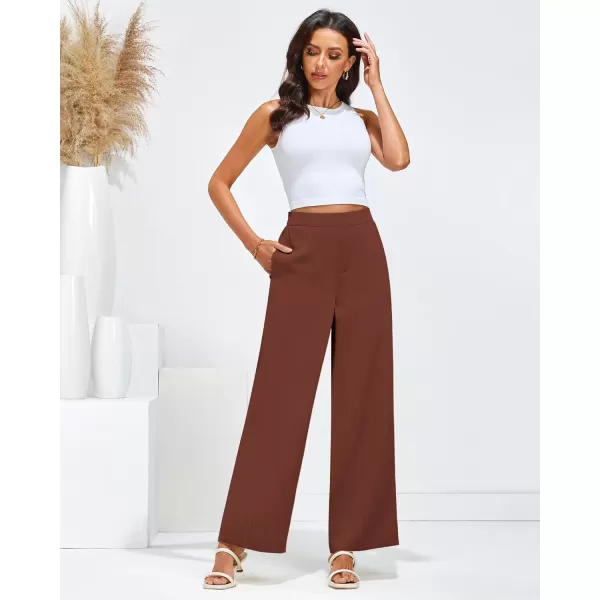 GRAPENT Wide Leg Dress Pants Women High Waisted Pull On Business Casual Work Pants Elastic Waist Dressy Trousers PocketsReddish Brown