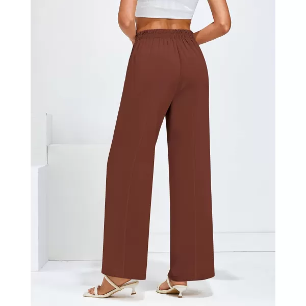 GRAPENT Wide Leg Dress Pants Women High Waisted Pull On Business Casual Work Pants Elastic Waist Dressy Trousers PocketsReddish Brown