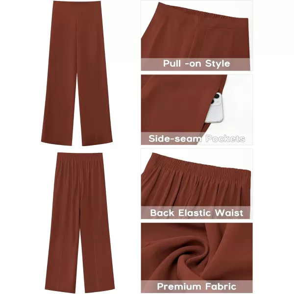 GRAPENT Wide Leg Dress Pants Women High Waisted Pull On Business Casual Work Pants Elastic Waist Dressy Trousers PocketsReddish Brown
