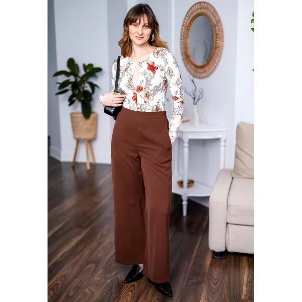 GRAPENT Wide Leg Dress Pants Women High Waisted Pull On Business Casual Work Pants Elastic Waist Dressy Trousers PocketsReddish Brown