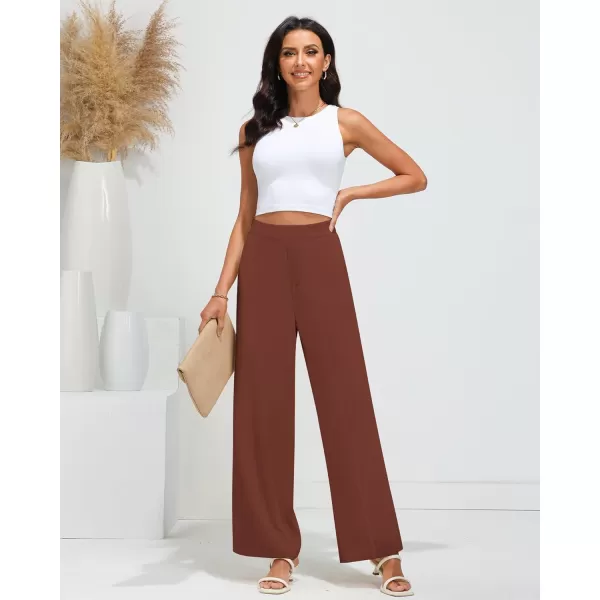 GRAPENT Wide Leg Dress Pants Women High Waisted Pull On Business Casual Work Pants Elastic Waist Dressy Trousers PocketsReddish Brown