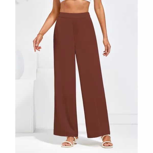 GRAPENT Wide Leg Dress Pants Women High Waisted Pull On Business Casual Work Pants Elastic Waist Dressy Trousers PocketsReddish Brown