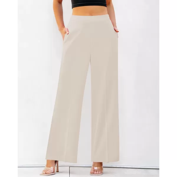 GRAPENT Wide Leg Dress Pants Women High Waisted Pull On Business Casual Work Pants Elastic Waist Dressy Trousers PocketsTan