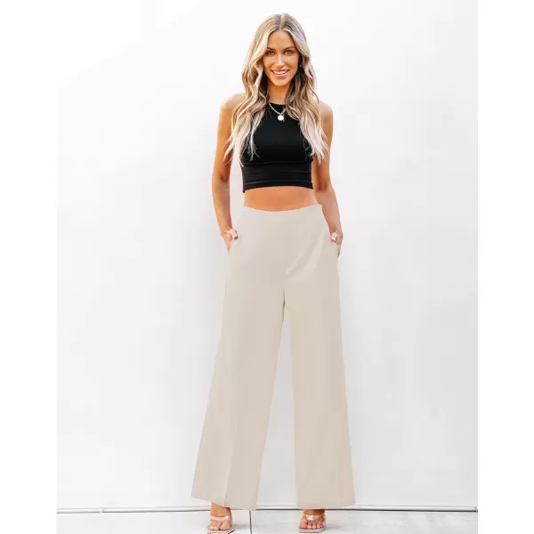 GRAPENT Wide Leg Dress Pants Women High Waisted Pull On Business Casual Work Pants Elastic Waist Dressy Trousers PocketsTan