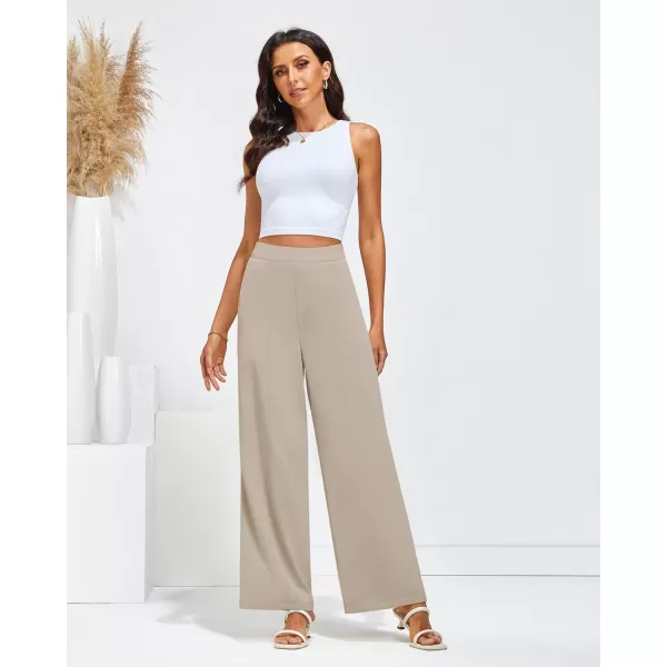 GRAPENT Wide Leg Dress Pants Women High Waisted Pull On Business Casual Work Pants Elastic Waist Dressy Trousers PocketsTan