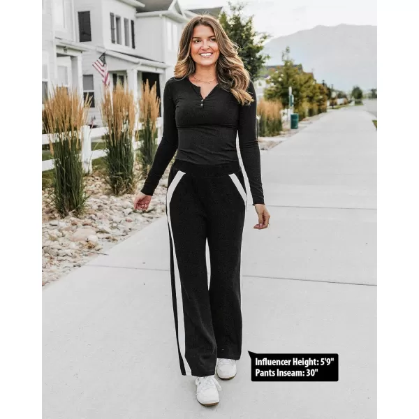 GRAPENT Wide Leg Sweatpants Women Baggy High Waisted Pull On Athleisure Loose Lounge Color Block Sweat Pants with PocketBlack