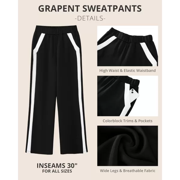 GRAPENT Wide Leg Sweatpants Women Baggy High Waisted Pull On Athleisure Loose Lounge Color Block Sweat Pants with PocketBlack