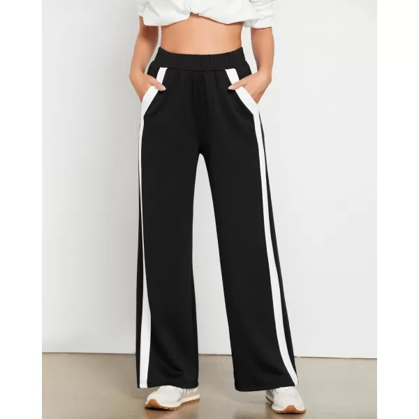 GRAPENT Wide Leg Sweatpants Women Baggy High Waisted Pull On Athleisure Loose Lounge Color Block Sweat Pants with PocketBlack