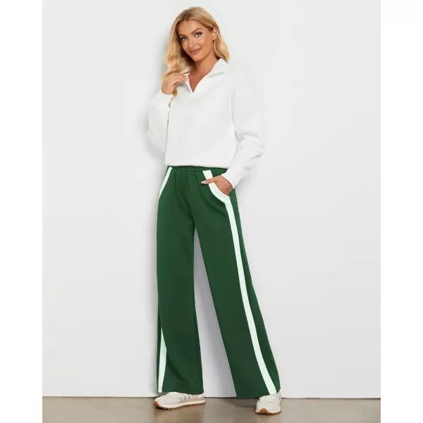 GRAPENT Wide Leg Sweatpants Women Baggy High Waisted Pull On Athleisure Loose Lounge Color Block Sweat Pants with PocketDark Green