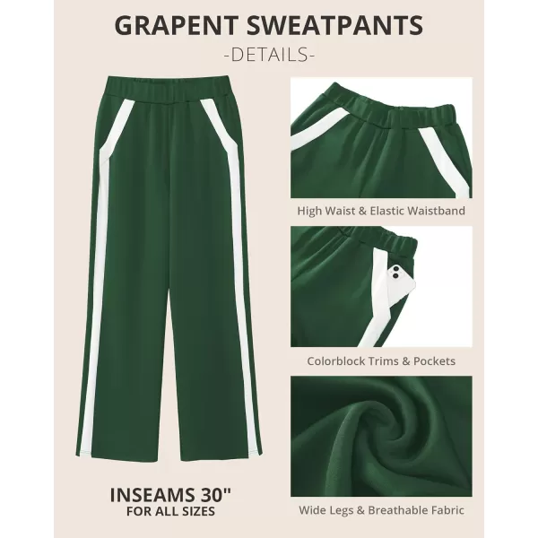 GRAPENT Wide Leg Sweatpants Women Baggy High Waisted Pull On Athleisure Loose Lounge Color Block Sweat Pants with PocketDark Green
