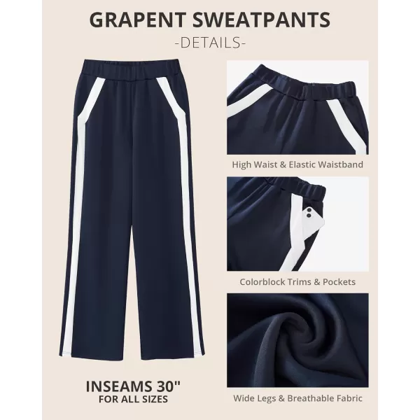 GRAPENT Wide Leg Sweatpants Women Baggy High Waisted Pull On Athleisure Loose Lounge Color Block Sweat Pants with PocketNavy Blue