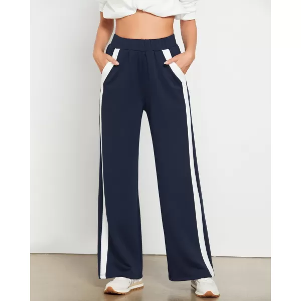 GRAPENT Wide Leg Sweatpants Women Baggy High Waisted Pull On Athleisure Loose Lounge Color Block Sweat Pants with PocketNavy Blue