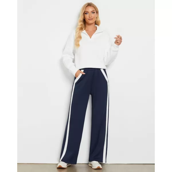 GRAPENT Wide Leg Sweatpants Women Baggy High Waisted Pull On Athleisure Loose Lounge Color Block Sweat Pants with PocketNavy Blue