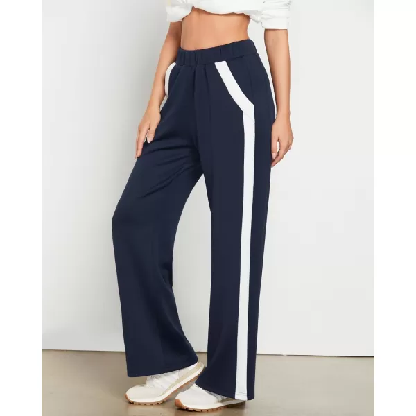 GRAPENT Wide Leg Sweatpants Women Baggy High Waisted Pull On Athleisure Loose Lounge Color Block Sweat Pants with PocketNavy Blue