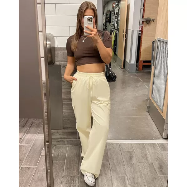 GRAPENT Womens Cargo Pants Wide Leg Baggy High Rise Pull On Elastic Waist Stretch Loose Pants with Pocket 90s Outfit Y2KChalk White