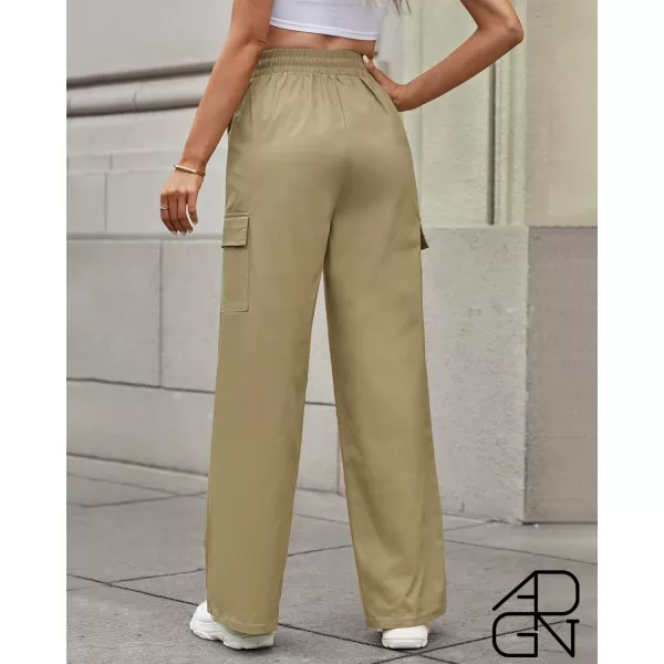 GRAPENT Womens Cargo Pants Wide Leg Baggy High Rise Pull On Elastic Waist Stretch Loose Pants with Pocket 90s Outfit Y2KKhaki