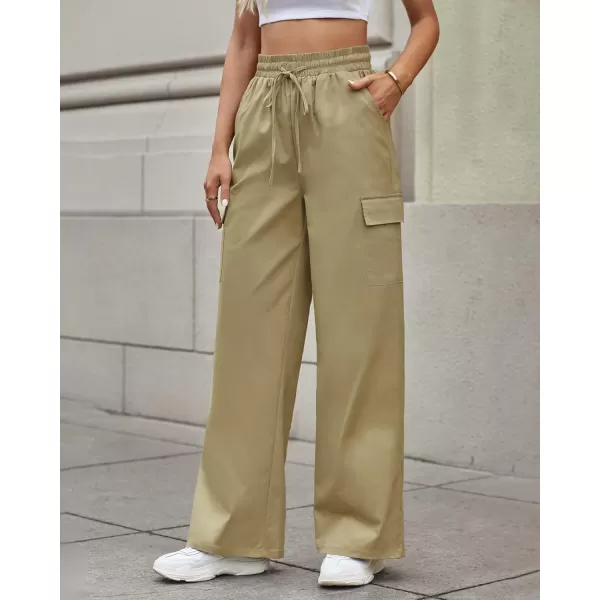GRAPENT Womens Cargo Pants Wide Leg Baggy High Rise Pull On Elastic Waist Stretch Loose Pants with Pocket 90s Outfit Y2KKhaki