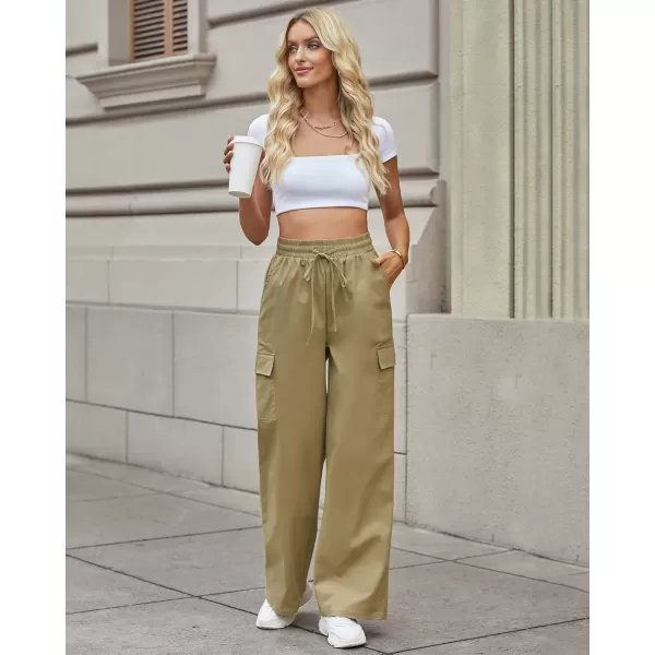 GRAPENT Womens Cargo Pants Wide Leg Baggy High Rise Pull On Elastic Waist Stretch Loose Pants with Pocket 90s Outfit Y2KKhaki