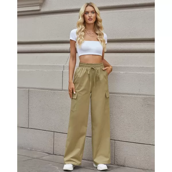 GRAPENT Womens Cargo Pants Wide Leg Baggy High Rise Pull On Elastic Waist Stretch Loose Pants with Pocket 90s Outfit Y2KKhaki