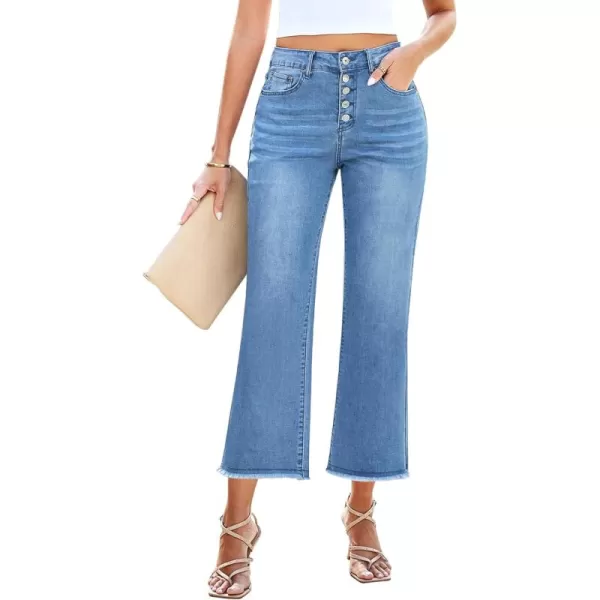 GRAPENT Capri Jeans for Women Trendy High Waisted Wide Leg Flare Button Fly Stretchy Denim Pants Raw Hem Cropped JeansMedium Blue