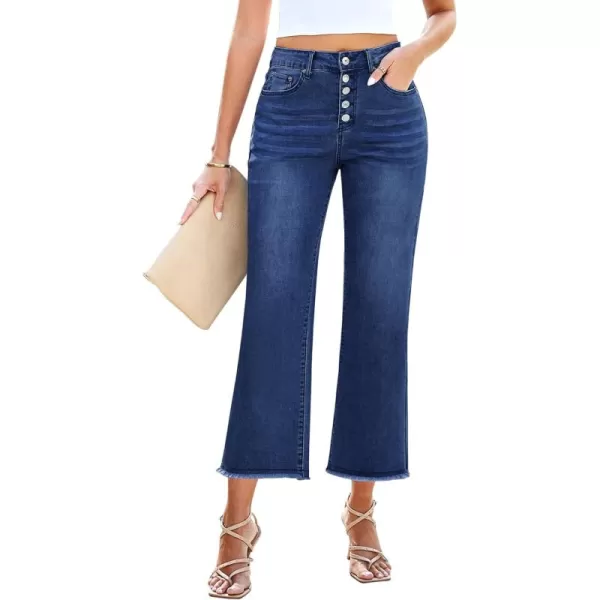 GRAPENT Capri Jeans for Women Trendy High Waisted Wide Leg Flare Button Fly Stretchy Denim Pants Raw Hem Cropped JeansNightfall Blue