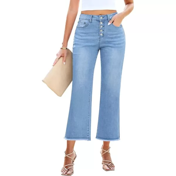 GRAPENT Capri Jeans for Women Trendy High Waisted Wide Leg Flare Button Fly Stretchy Denim Pants Raw Hem Cropped JeansTurquoise Blue