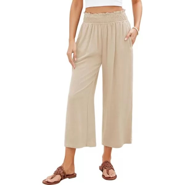 GRAPENT Capri Pants for Women High Waisted Wide Leg Linen Palazzo Trousers Pull On Elastic Smock Waist Loose Flowy PantsAlmond