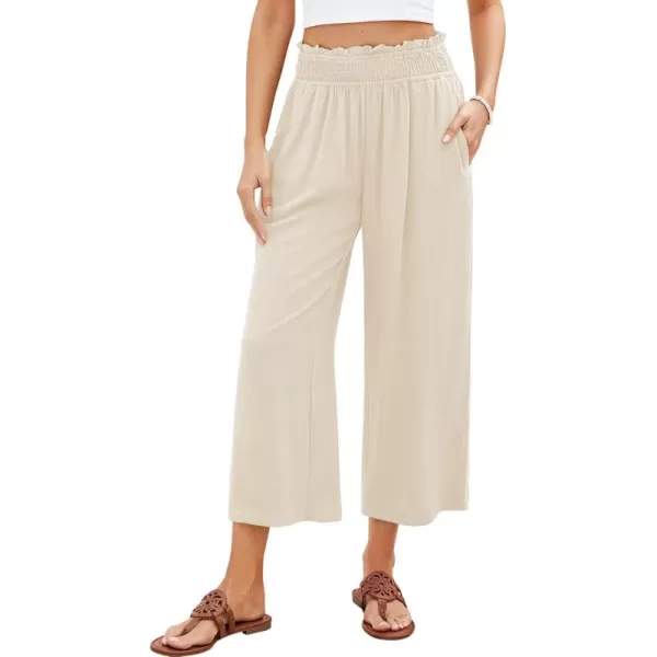 GRAPENT Capri Pants for Women High Waisted Wide Leg Linen Palazzo Trousers Pull On Elastic Smock Waist Loose Flowy PantsBeige