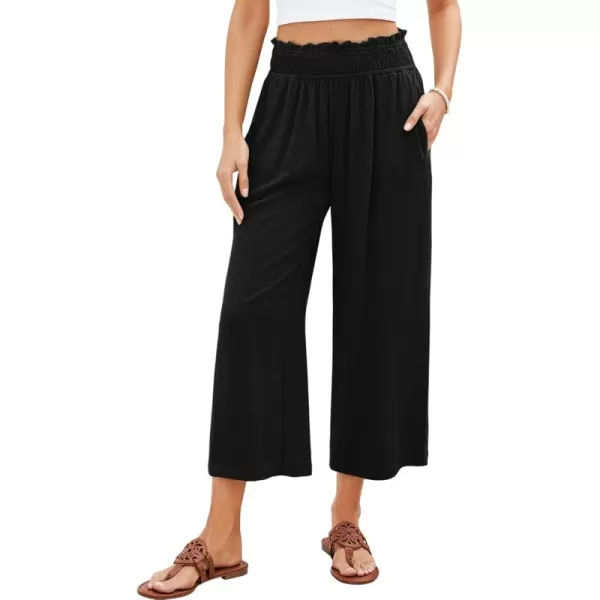 GRAPENT Capri Pants for Women High Waisted Wide Leg Linen Palazzo Trousers Pull On Elastic Smock Waist Loose Flowy PantsBlack