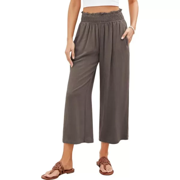 GRAPENT Capri Pants for Women High Waisted Wide Leg Linen Palazzo Trousers Pull On Elastic Smock Waist Loose Flowy PantsCoffee Brown