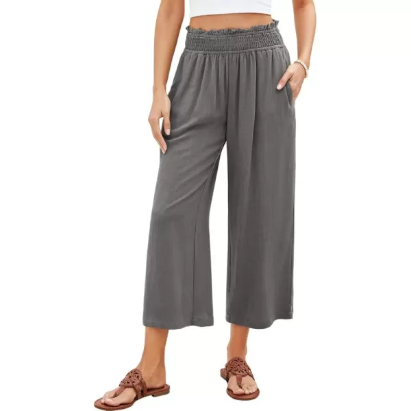 GRAPENT Capri Pants for Women High Waisted Wide Leg Linen Palazzo Trousers Pull On Elastic Smock Waist Loose Flowy PantsDark Gray