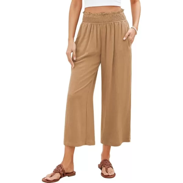 GRAPENT Capri Pants for Women High Waisted Wide Leg Linen Palazzo Trousers Pull On Elastic Smock Waist Loose Flowy PantsDark Khaki