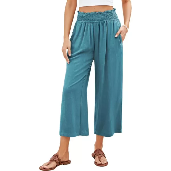 GRAPENT Capri Pants for Women High Waisted Wide Leg Linen Palazzo Trousers Pull On Elastic Smock Waist Loose Flowy PantsLake