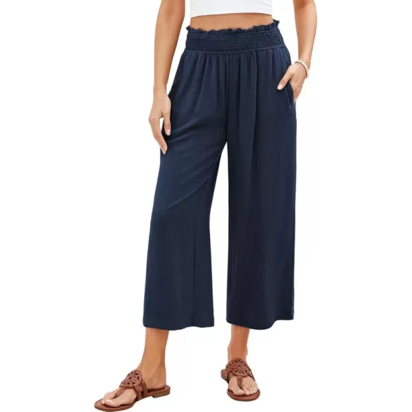 GRAPENT Capri Pants for Women High Waisted Wide Leg Linen Palazzo Trousers Pull On Elastic Smock Waist Loose Flowy PantsNavy Blue