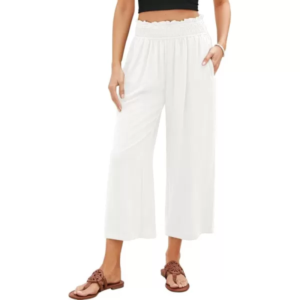 GRAPENT Capri Pants for Women High Waisted Wide Leg Linen Palazzo Trousers Pull On Elastic Smock Waist Loose Flowy PantsOffwhite