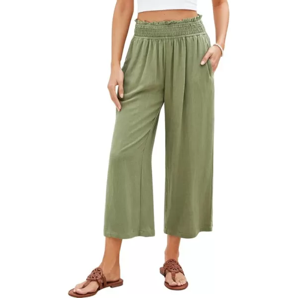 GRAPENT Capri Pants for Women High Waisted Wide Leg Linen Palazzo Trousers Pull On Elastic Smock Waist Loose Flowy PantsOlive Green