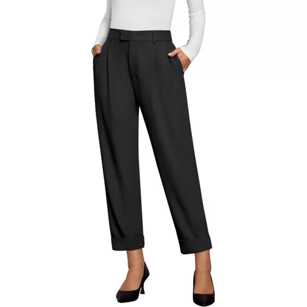 GRAPENT Cropped Pants for Women High Waisted Business Causal Pleated Elastic Waist Cuffed Hem Work Trousers Fall Dress PantsBlack