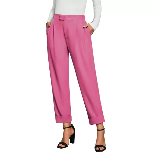 GRAPENT Cropped Pants for Women High Waisted Business Causal Pleated Elastic Waist Cuffed Hem Work Trousers Fall Dress PantsHot Pink