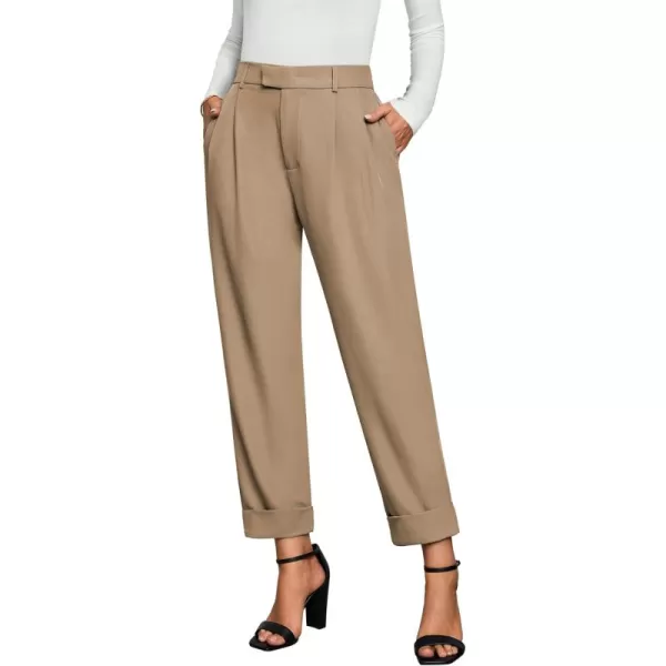 GRAPENT Cropped Pants for Women High Waisted Business Causal Pleated Elastic Waist Cuffed Hem Work Trousers Fall Dress PantsKhaki